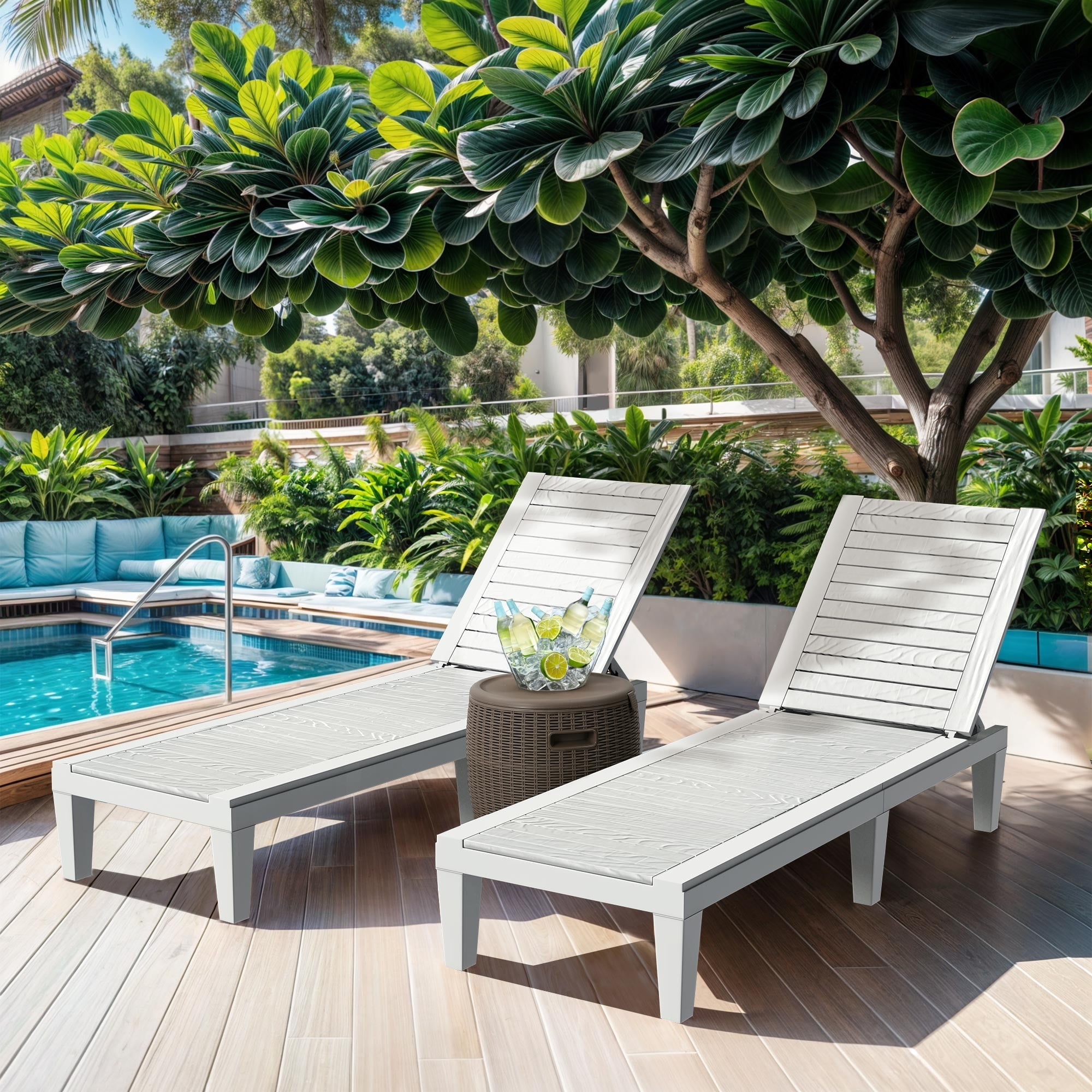 ModFusion White Resin Outdoor Chaise Lounge, Poolside Loungers, Adaptable Backrest, Sturdy \u0026 Lightweight